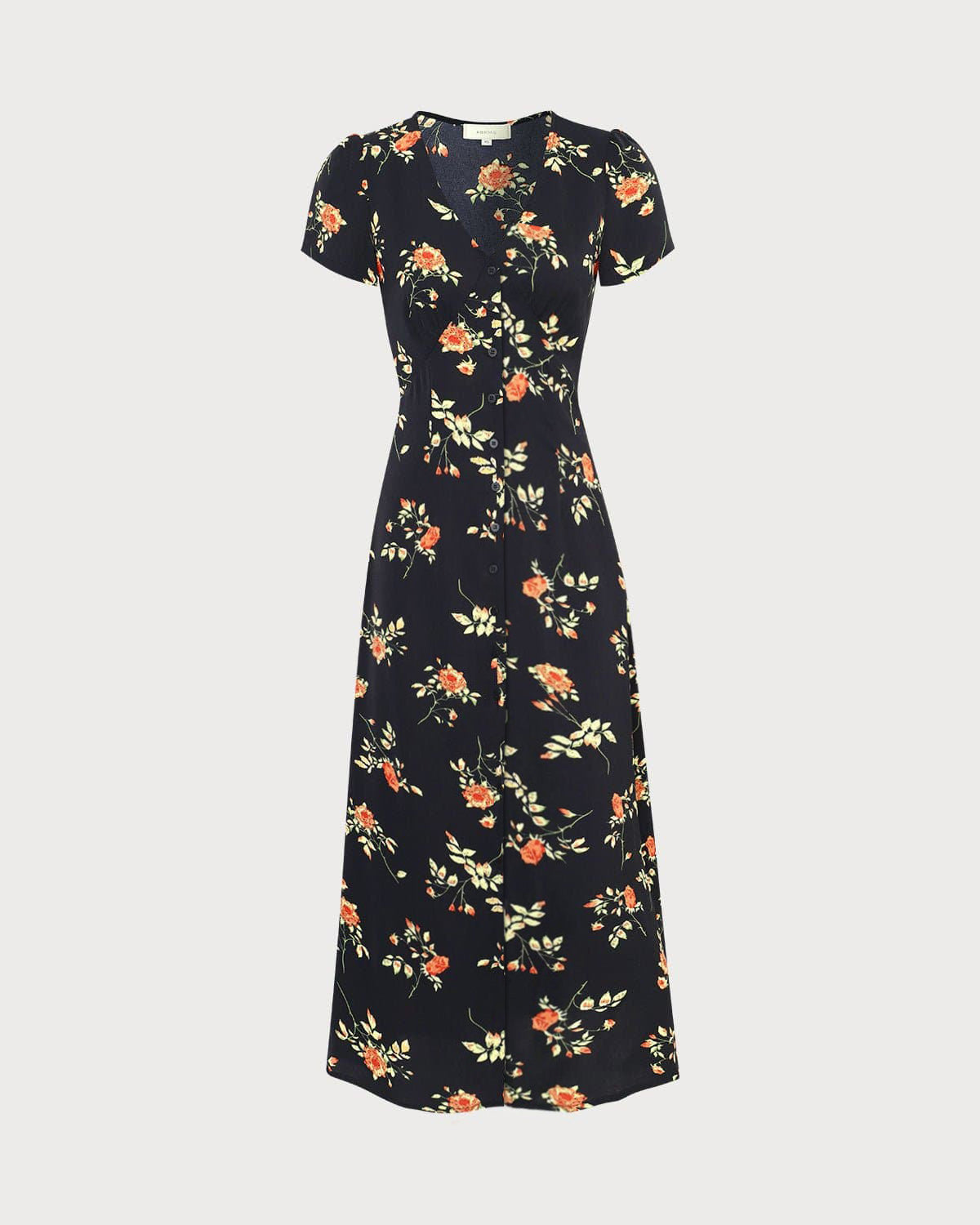 Vestido largo negro de manga corta con estampado floral y cuello en V